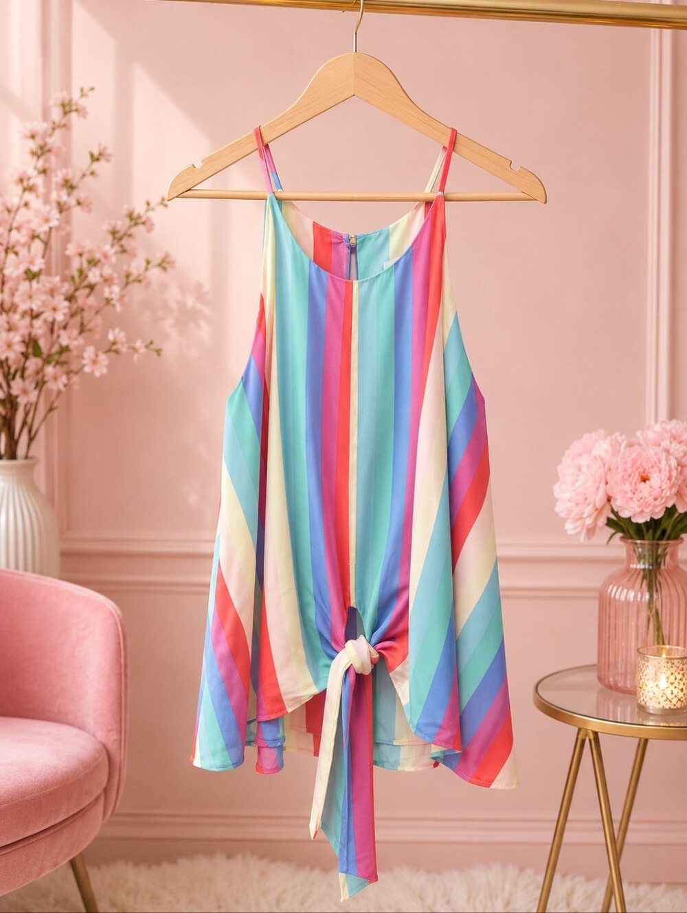 Adrienne Large  Multicolor Rainbow Stripe Tie-Front Camisole